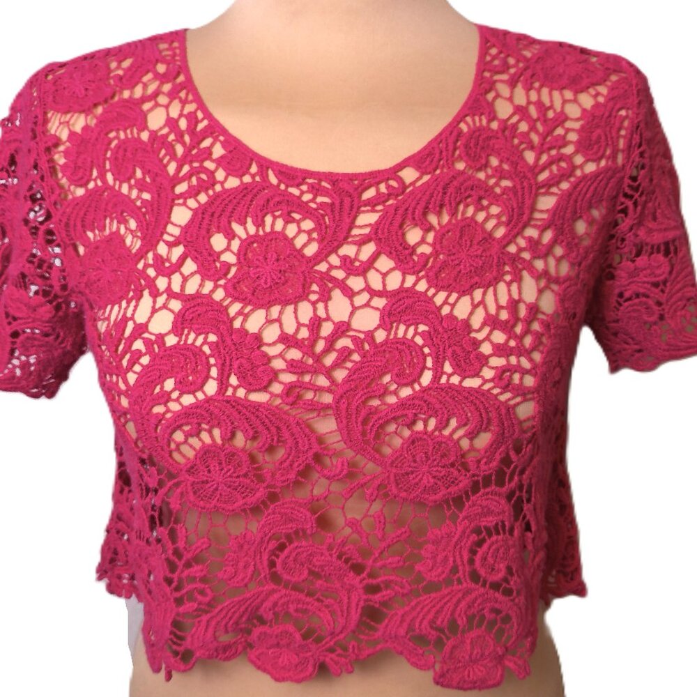Cropped top pink lace see-through short sleeve size Small summer blouse cotton